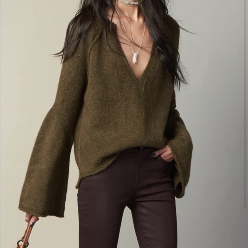 Free People LOVELY LINES BELL-SLEEVE SWEATER IN OLIVE